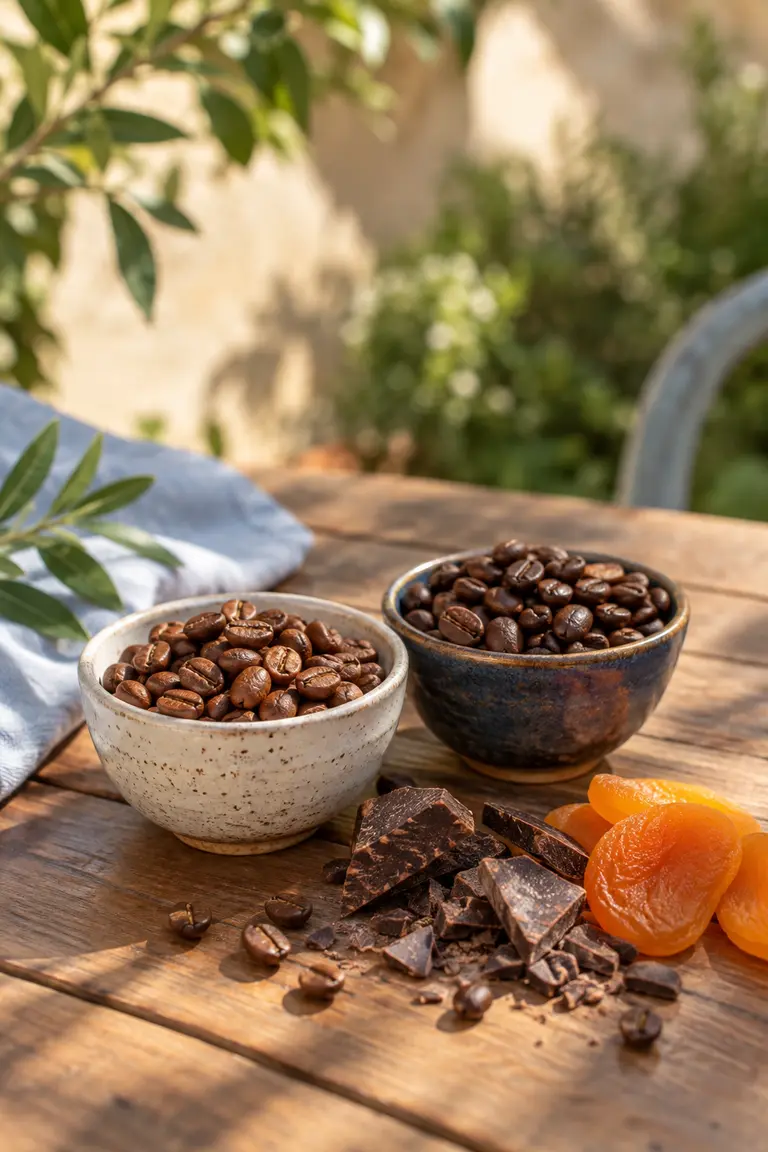 تفاصيل حبوب القهوة والكاكاو والمشمش على الخشب بضوء طبيعي