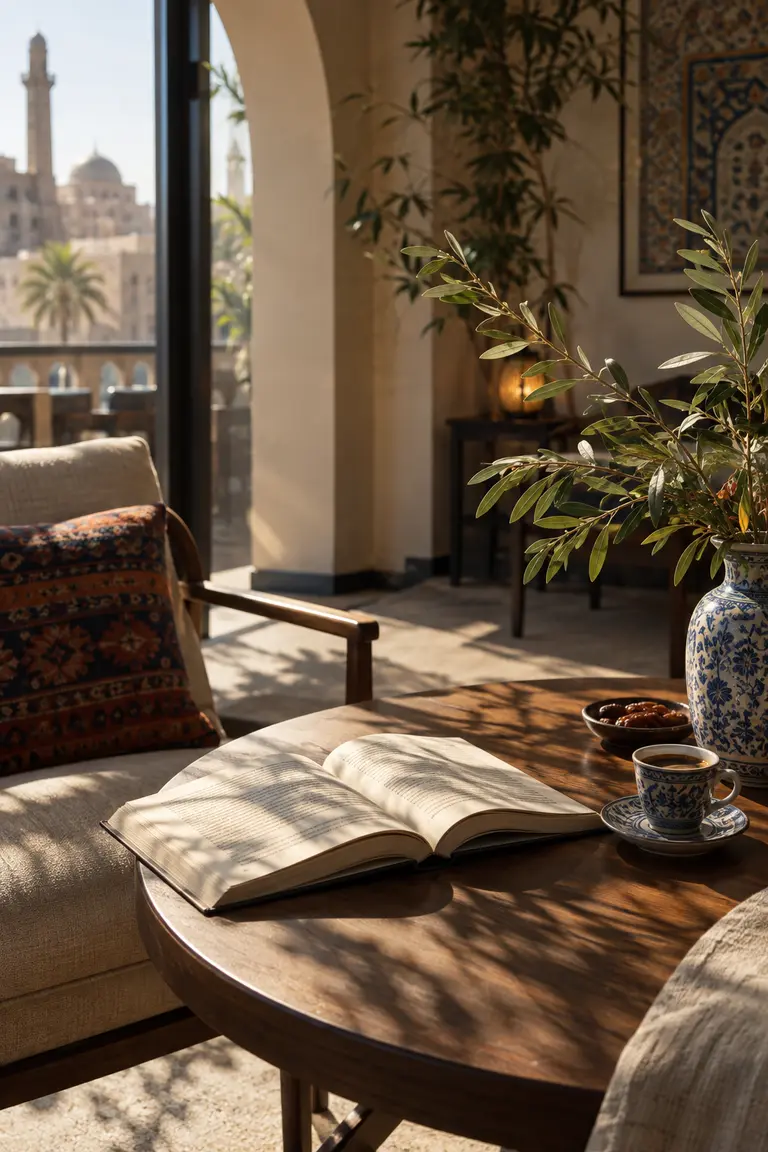 كتاب وفنجان قهوة على الخشب بين ظلال النباتات وضوء الشمس