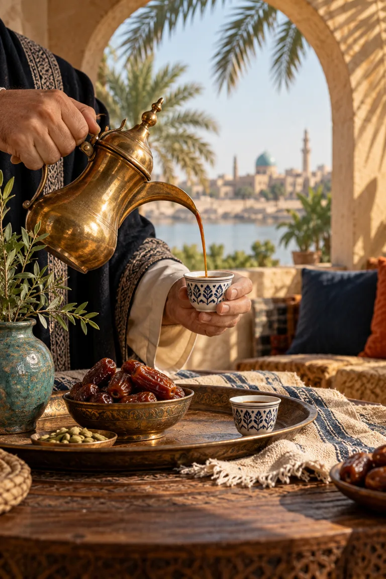 صب القهوة العربية من دلة مع التمر